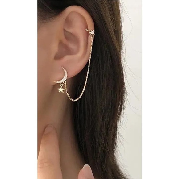 Boho Golden Crescent Moon and Stars Dreamer Cuff Chain Earrings Gold A0128 - Picture 1 of 12